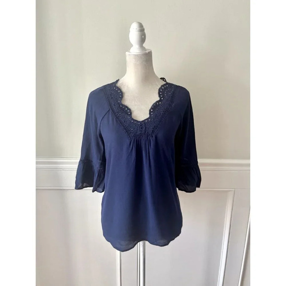 Daniel Rainn Stitch Fix Navy Blue Cory Scallop Eyelet Blouse S - Picture 2 of 6